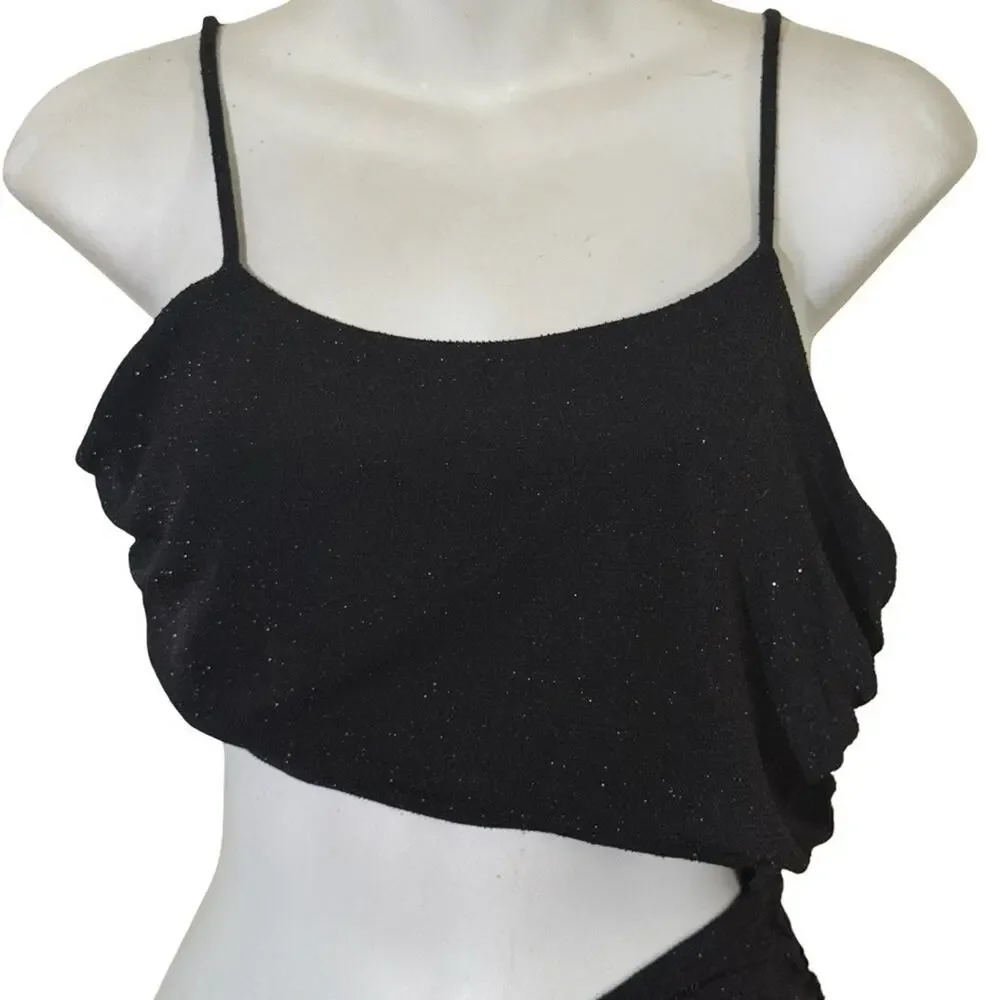 BP Little Black Dress Bodycon Mini Slip Dress Cut Out Waist Stretch Glitter sz L